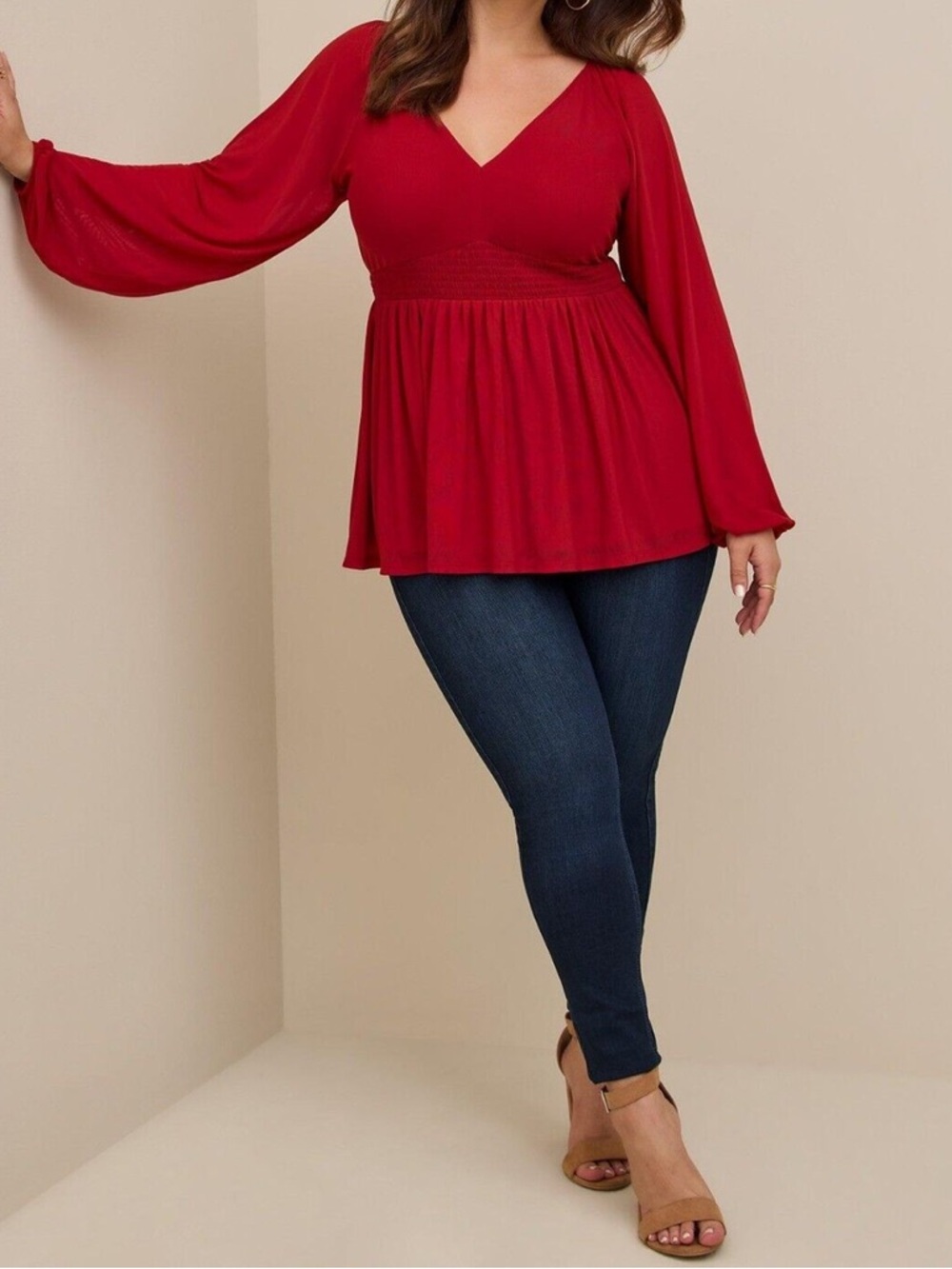 Torrid Stretch Mesh V-Neck Smocked Waist Babydoll Top Blouse 1X